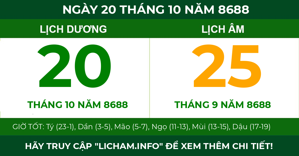 lịch âm ngày 20 tháng 10 năm 8688