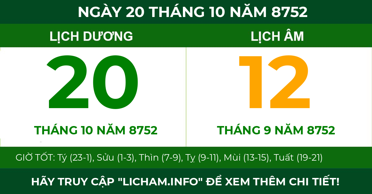 lịch âm ngày 20 tháng 10 năm 8752