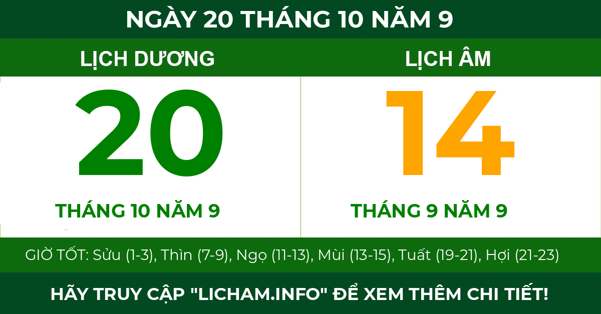 lịch âm ngày 20 tháng 10 năm 9