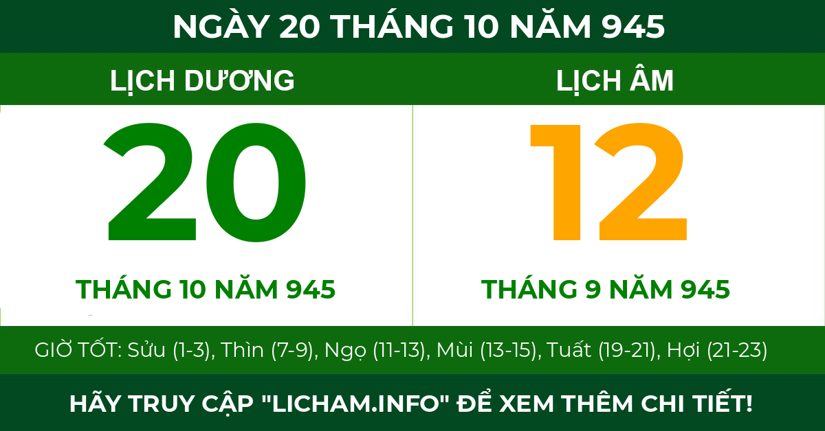 lịch âm ngày 20 tháng 10 năm 945