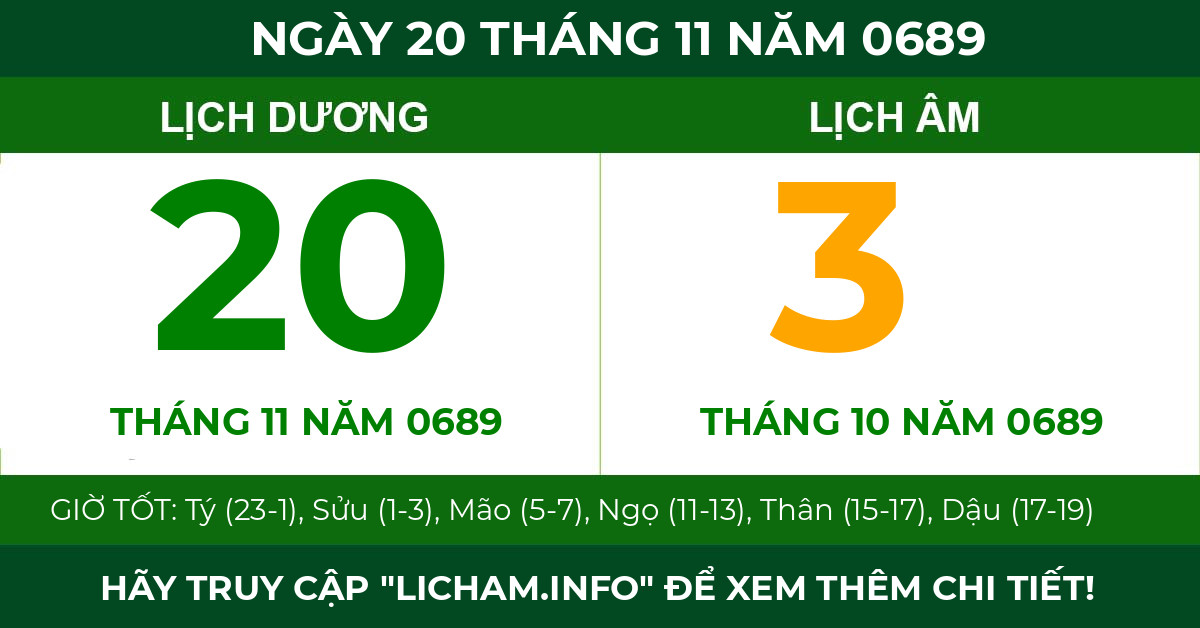 lịch âm ngày 20 tháng 11 năm 0689