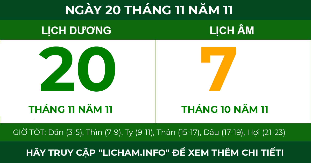 lịch âm ngày 20 tháng 11 năm 11