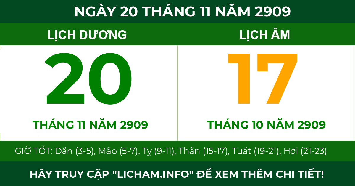 lịch âm ngày 20 tháng 11 năm 2909