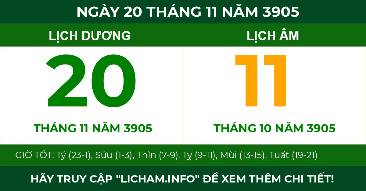 lịch âm ngày 20 tháng 11 năm 3905