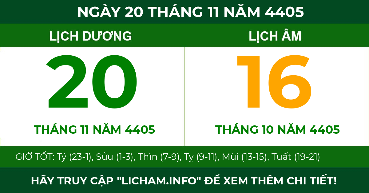 lịch âm ngày 20 tháng 11 năm 4405
