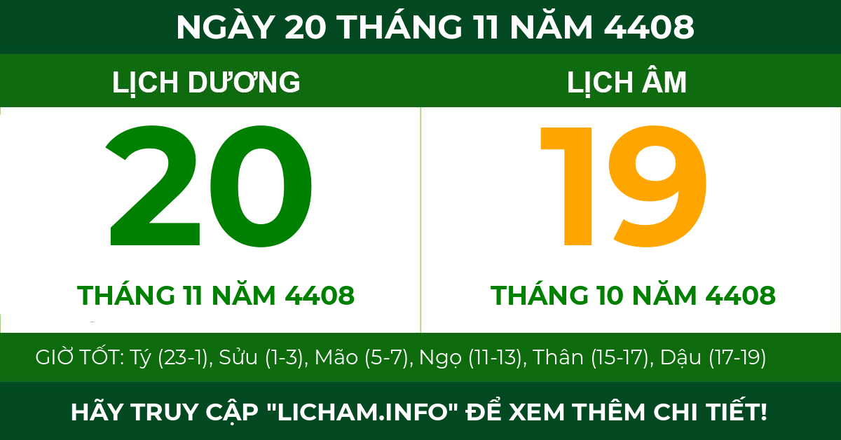 lịch âm ngày 20 tháng 11 năm 4408