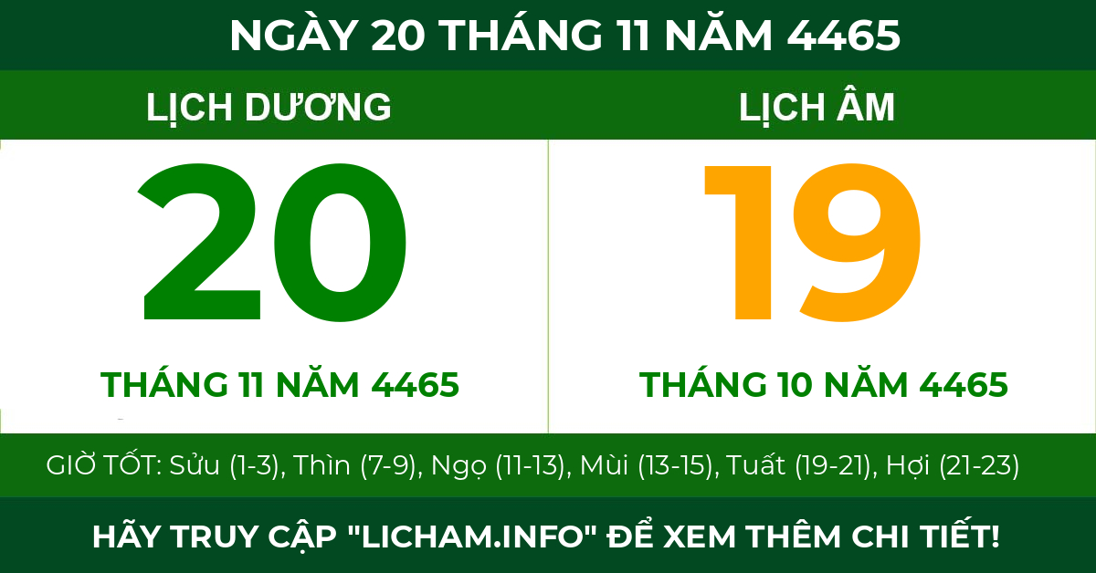 lịch âm ngày 20 tháng 11 năm 4465