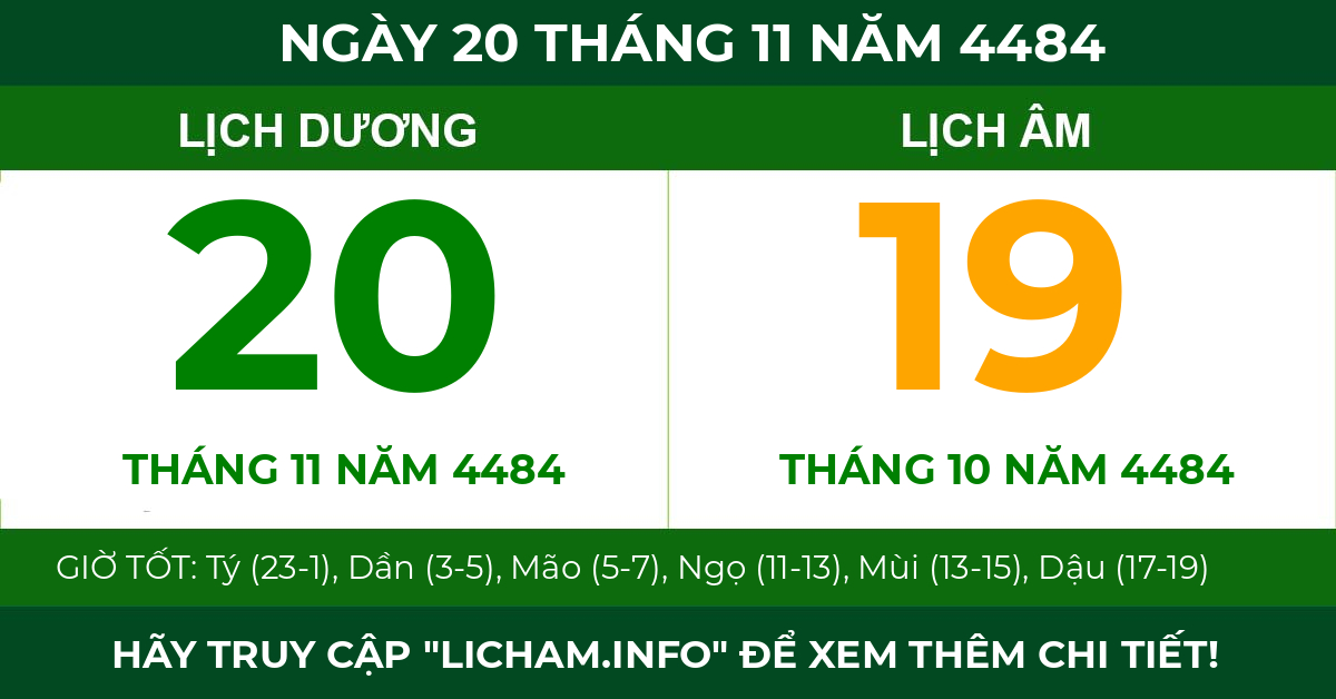 lịch âm ngày 20 tháng 11 năm 4484