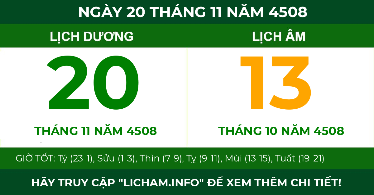 lịch âm ngày 20 tháng 11 năm 4508
