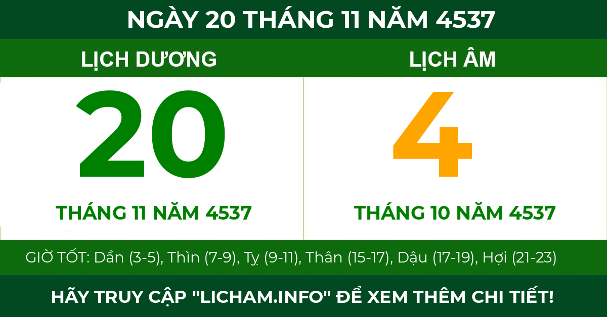lịch âm ngày 20 tháng 11 năm 4537