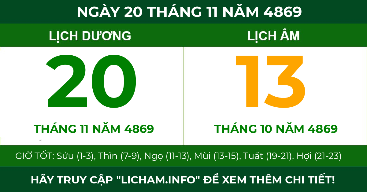 lịch âm ngày 20 tháng 11 năm 4869