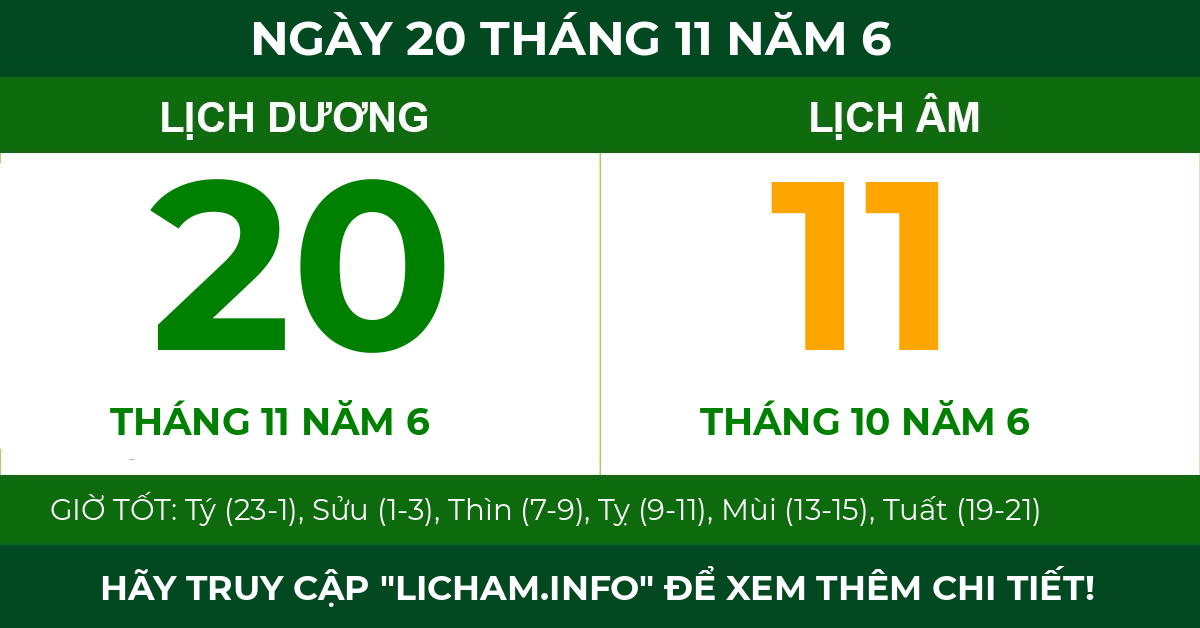 lịch âm ngày 20 tháng 11 năm 6
