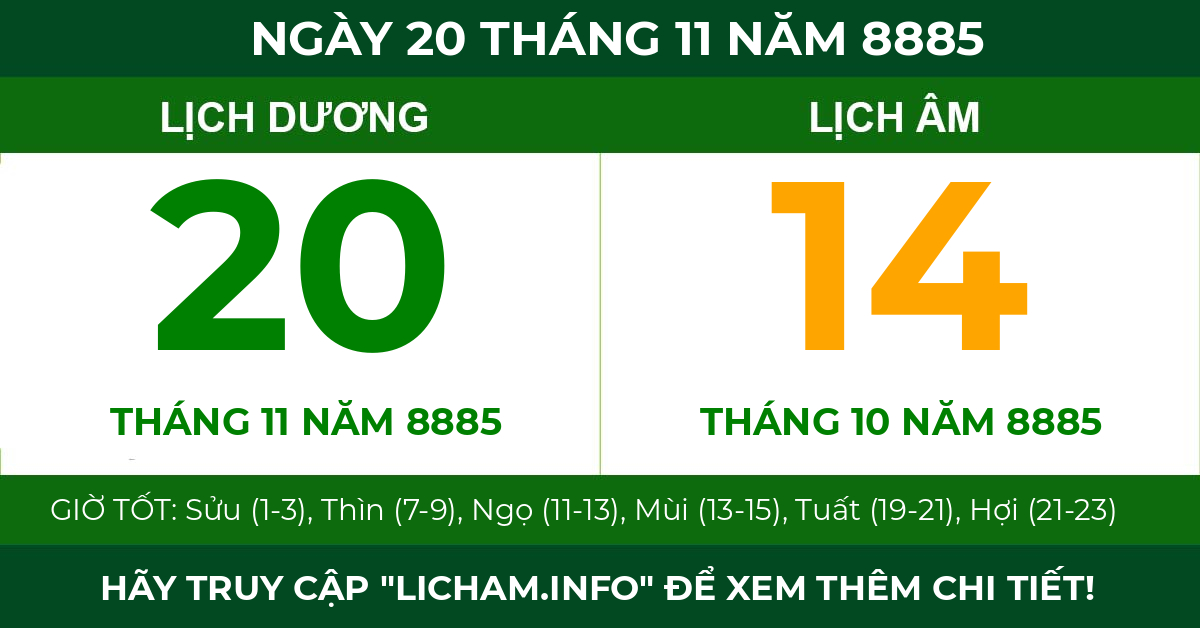 lịch âm ngày 20 tháng 11 năm 8885