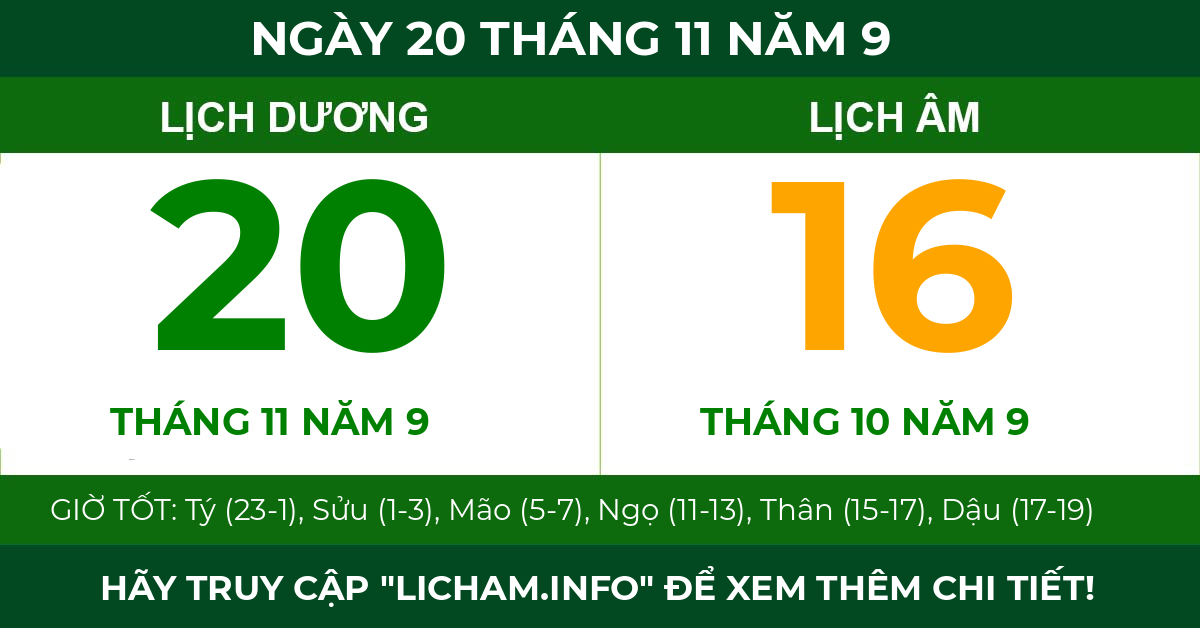 lịch âm ngày 20 tháng 11 năm 9