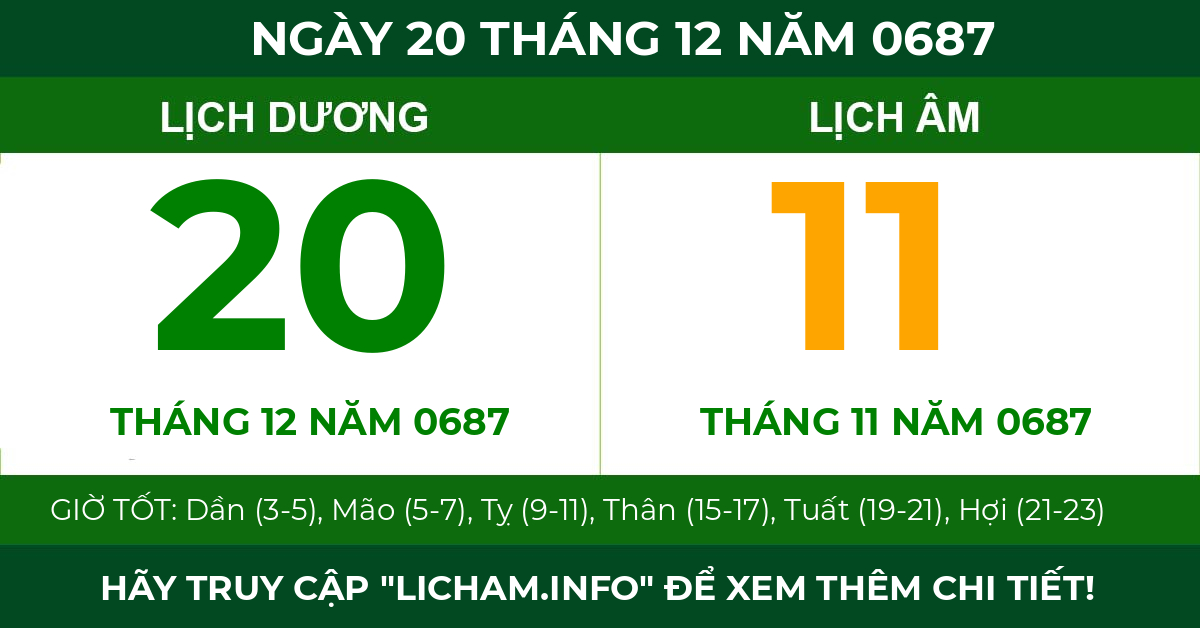 lịch âm ngày 20 tháng 12 năm 0687