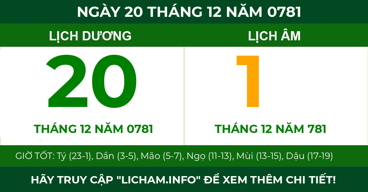 lịch âm ngày 20 tháng 12 năm 0781