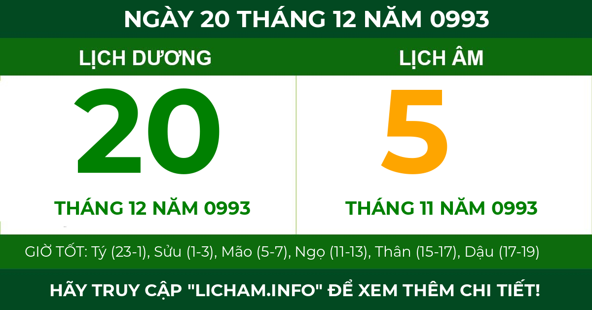 lịch âm ngày 20 tháng 12 năm 0993