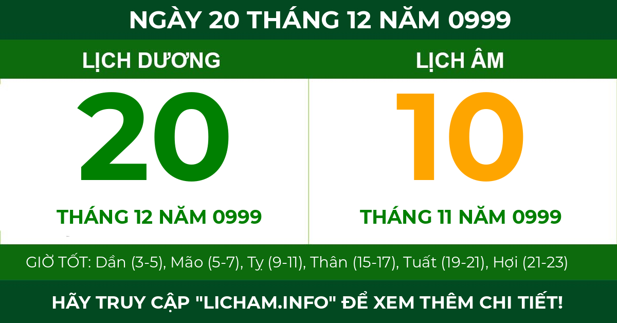 lịch âm ngày 20 tháng 12 năm 0999