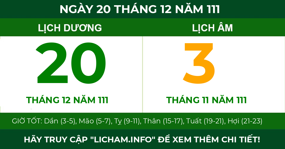 lịch âm ngày 20 tháng 12 năm 111
