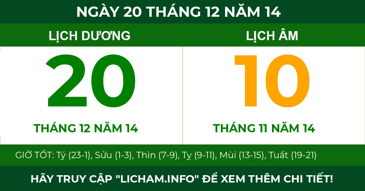 lịch âm ngày 20 tháng 12 năm 14