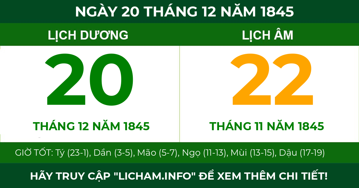 lịch âm ngày 20 tháng 12 năm 1845