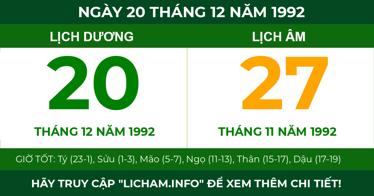 lịch âm ngày 20 tháng 12 năm 1992