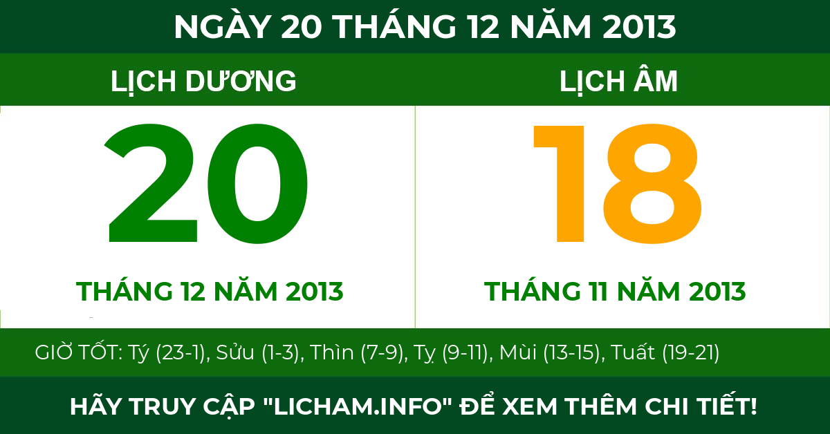 lịch âm ngày 20 tháng 12 năm 2013