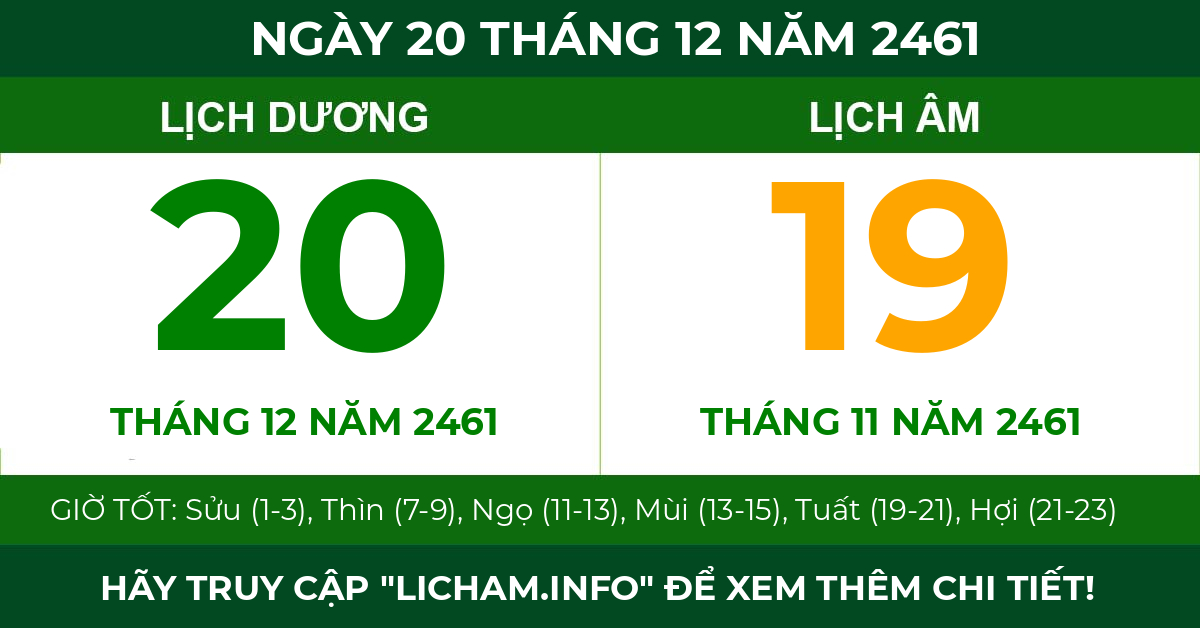 lịch âm ngày 20 tháng 12 năm 2461