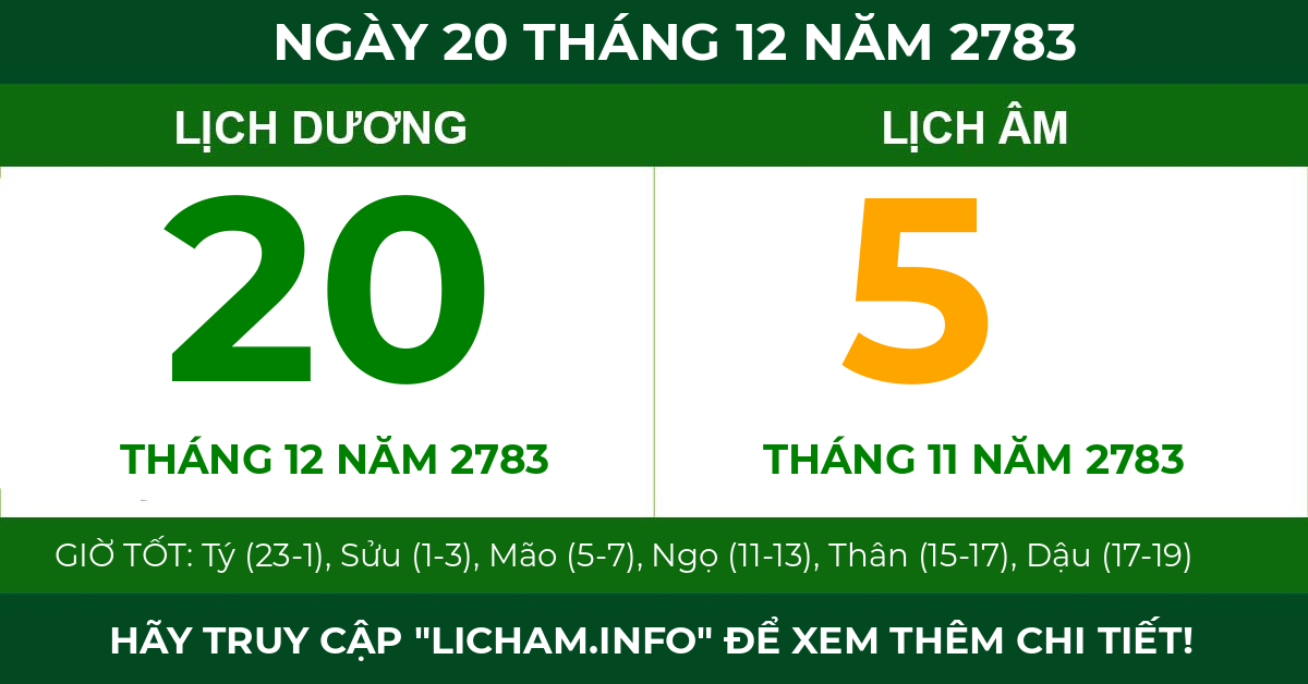 lịch âm ngày 20 tháng 12 năm 2783