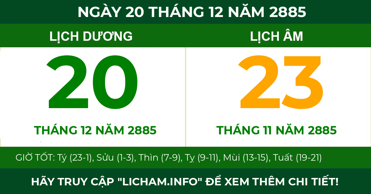 lịch âm ngày 20 tháng 12 năm 2885