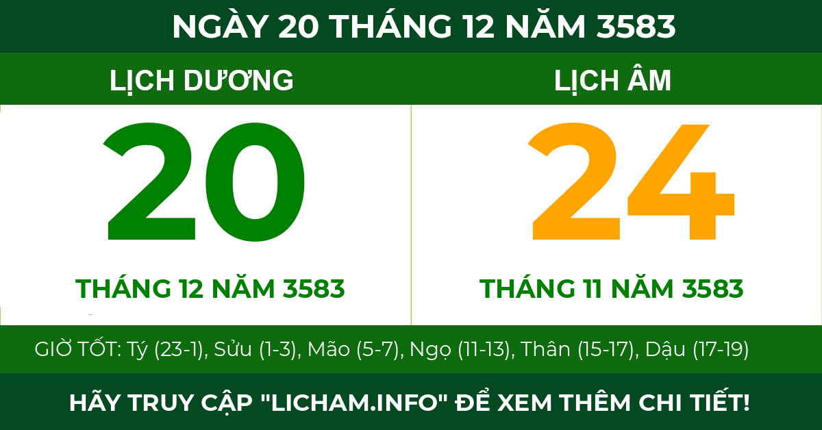 lịch âm ngày 20 tháng 12 năm 3583
