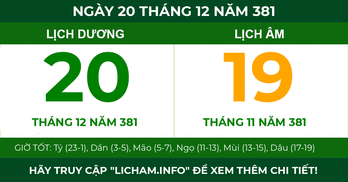 lịch âm ngày 20 tháng 12 năm 381
