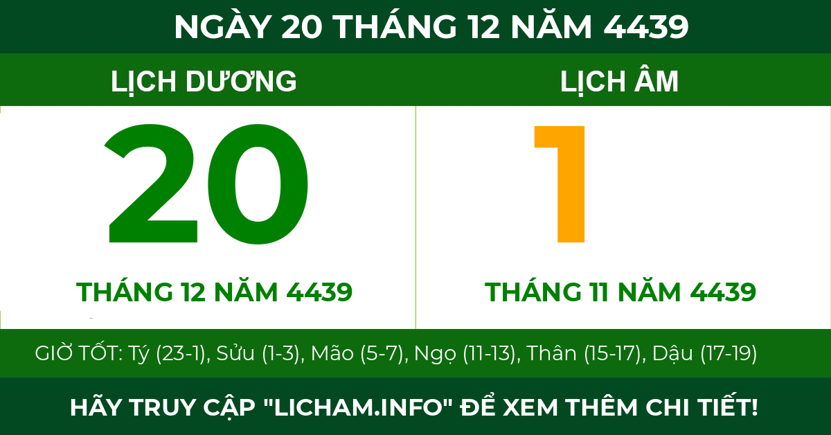 lịch âm ngày 20 tháng 12 năm 4439