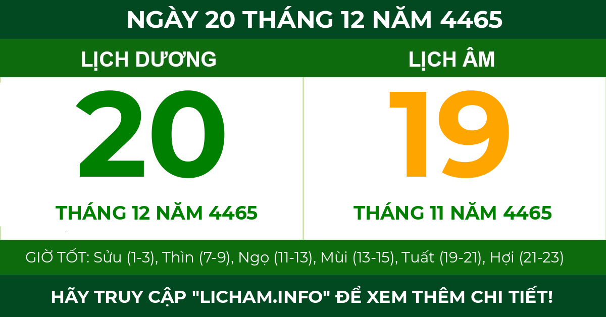 lịch âm ngày 20 tháng 12 năm 4465