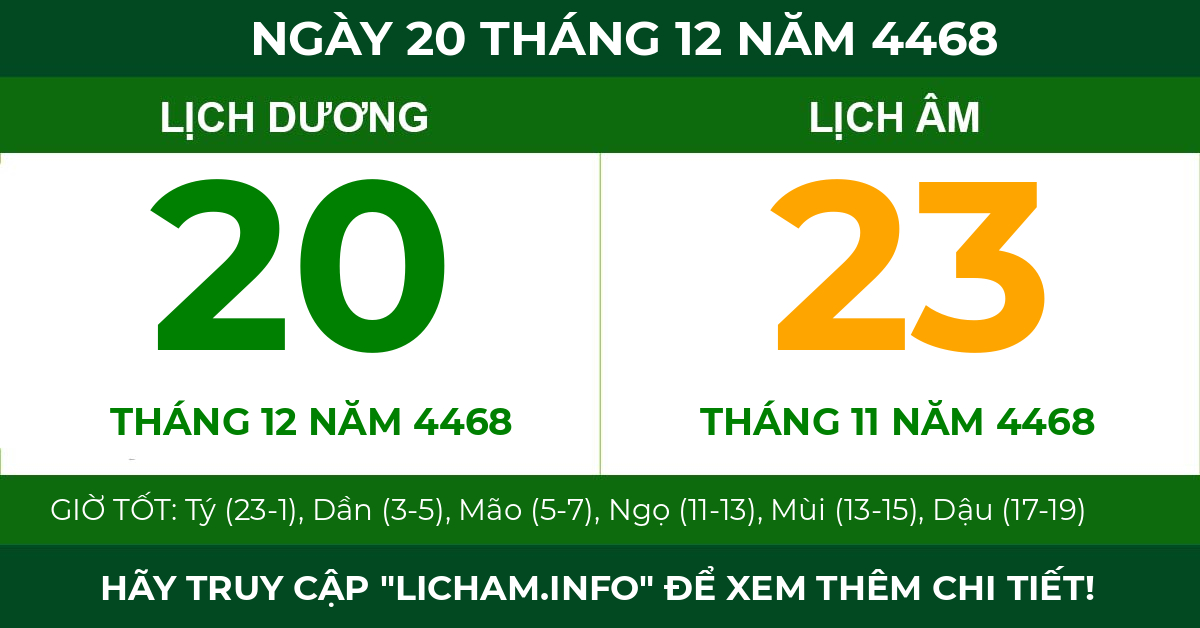 lịch âm ngày 20 tháng 12 năm 4468