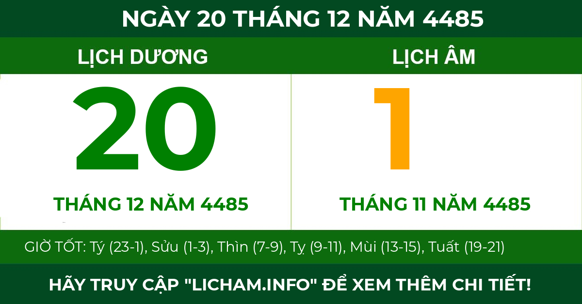 lịch âm ngày 20 tháng 12 năm 4485