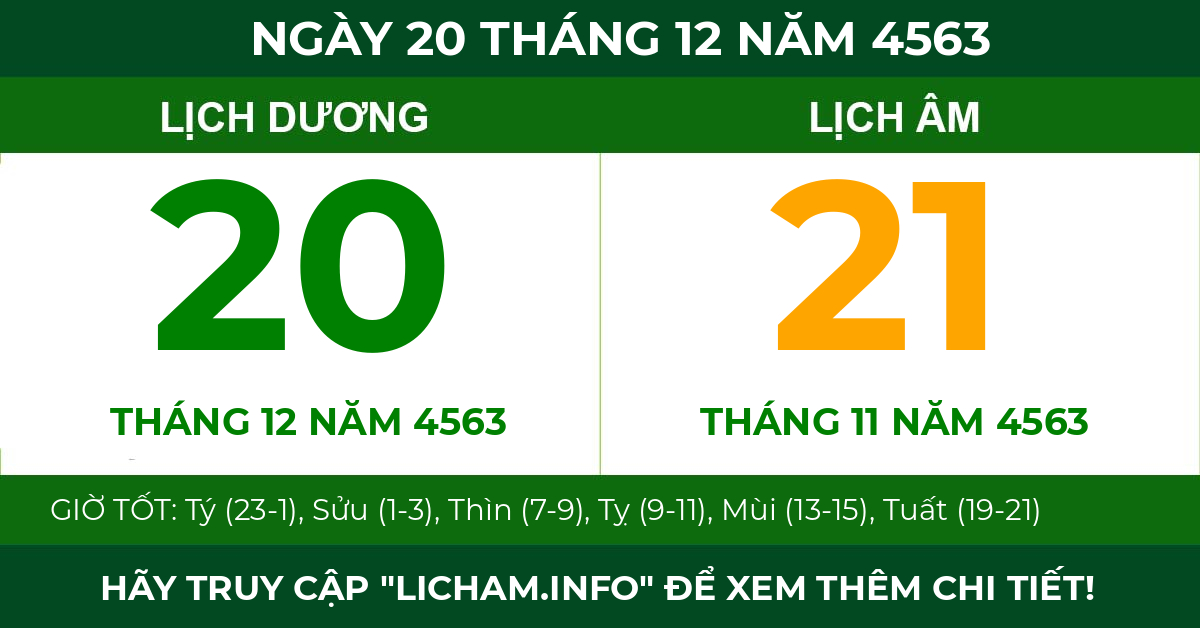 lịch âm ngày 20 tháng 12 năm 4563