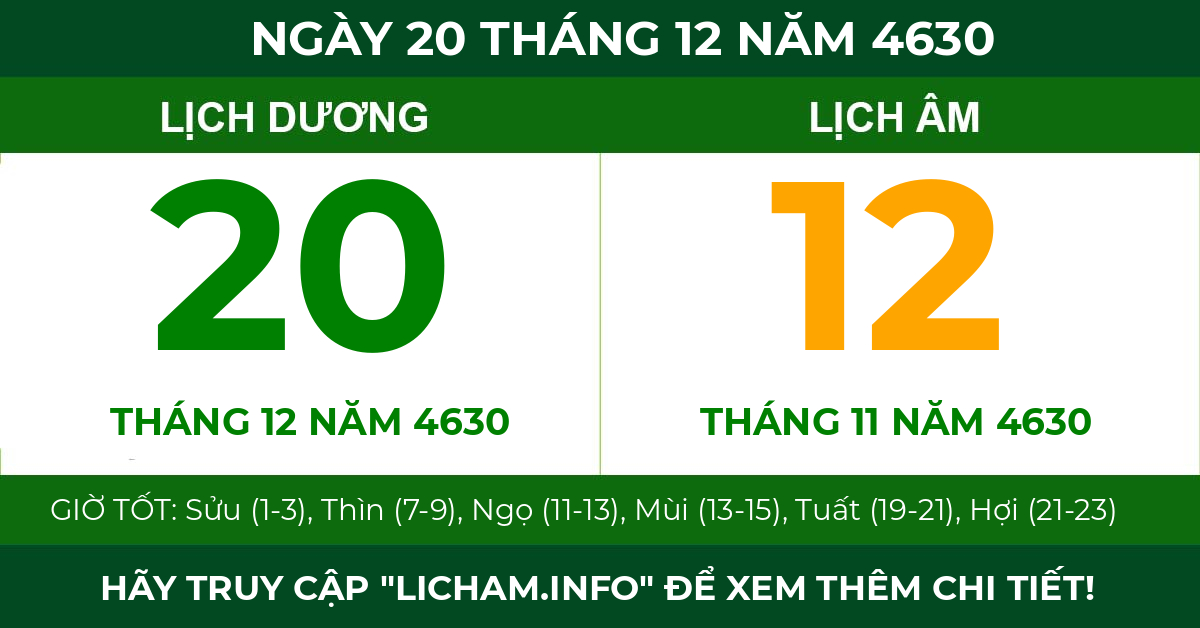 lịch âm ngày 20 tháng 12 năm 4630