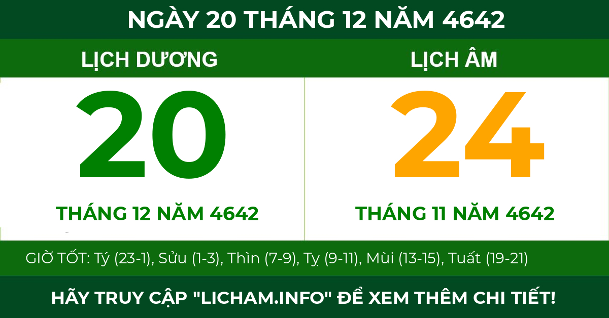 lịch âm ngày 20 tháng 12 năm 4642