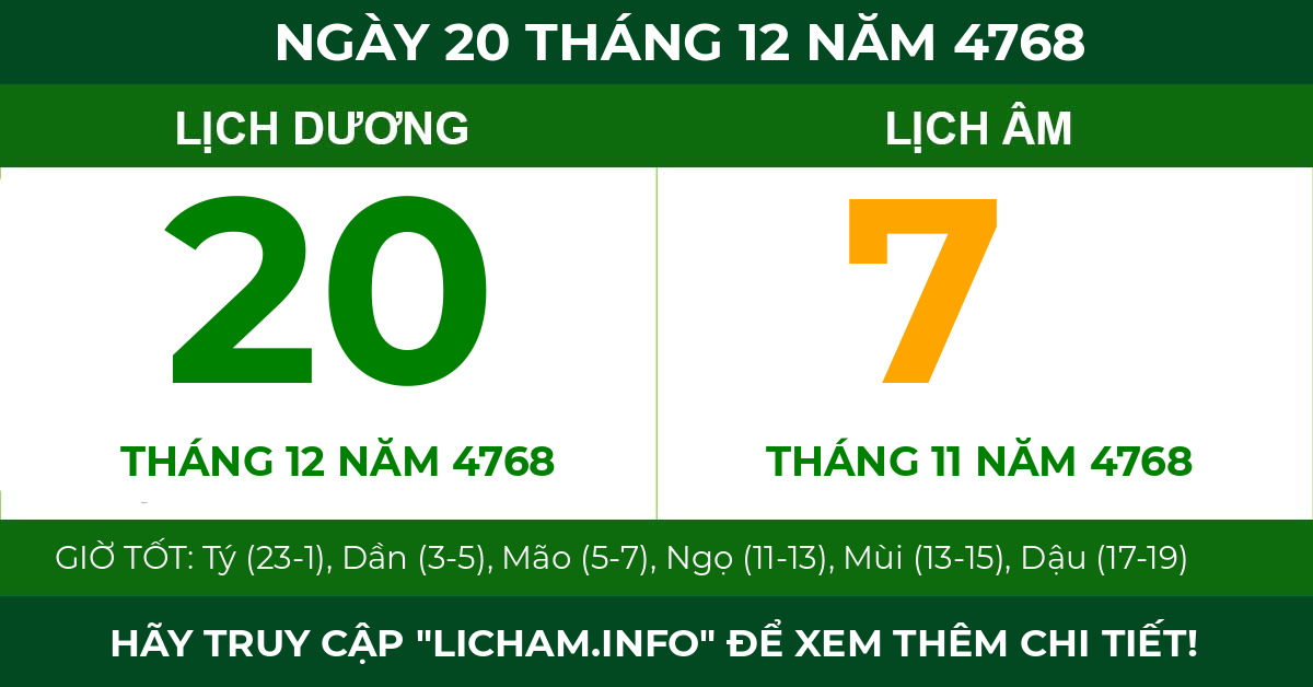 lịch âm ngày 20 tháng 12 năm 4768