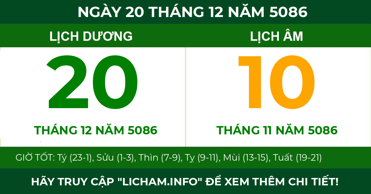 lịch âm ngày 20 tháng 12 năm 5086