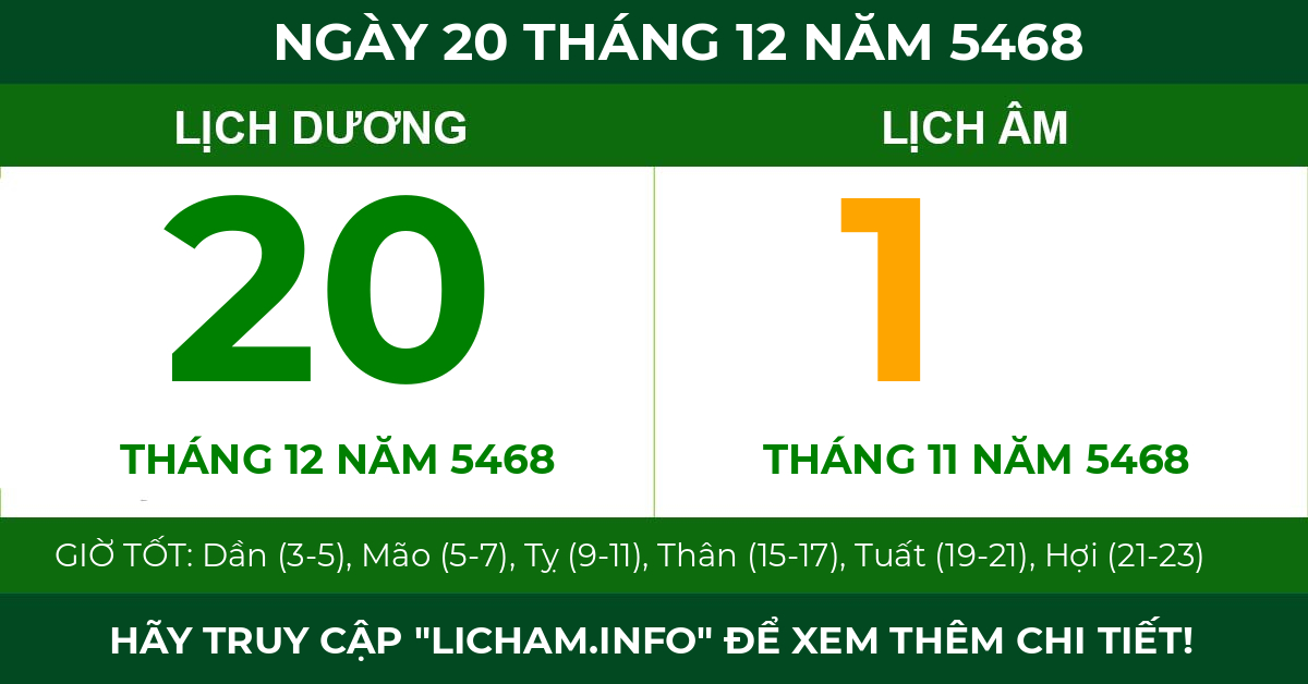 lịch âm ngày 20 tháng 12 năm 5468