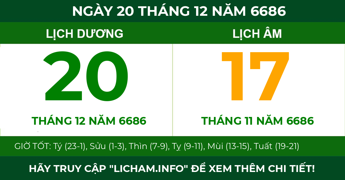 lịch âm ngày 20 tháng 12 năm 6686