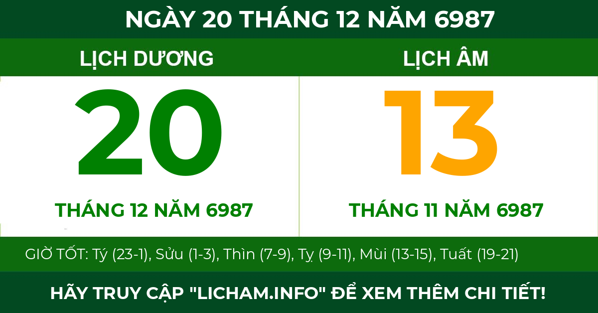 lịch âm ngày 20 tháng 12 năm 6987