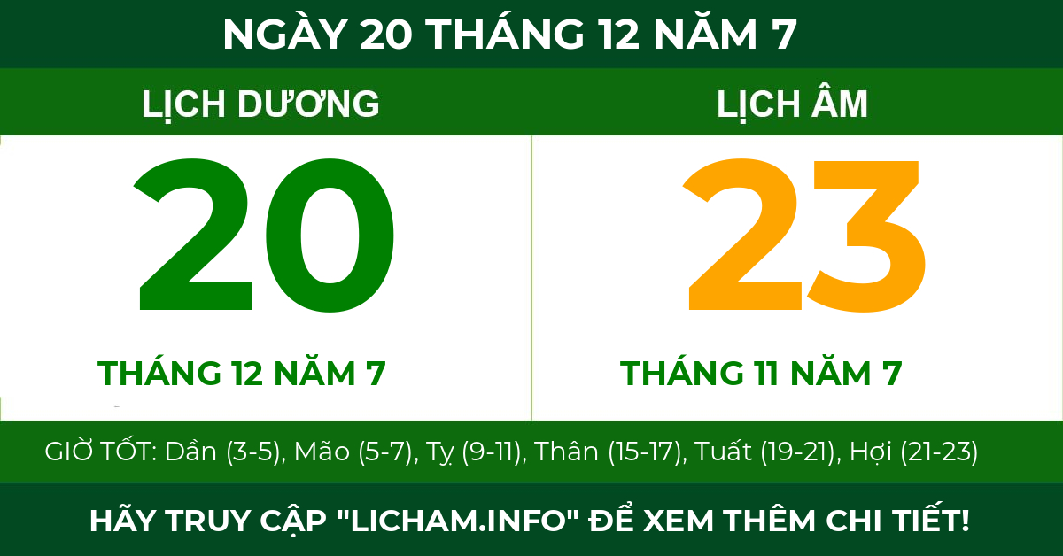 lịch âm ngày 20 tháng 12 năm 7