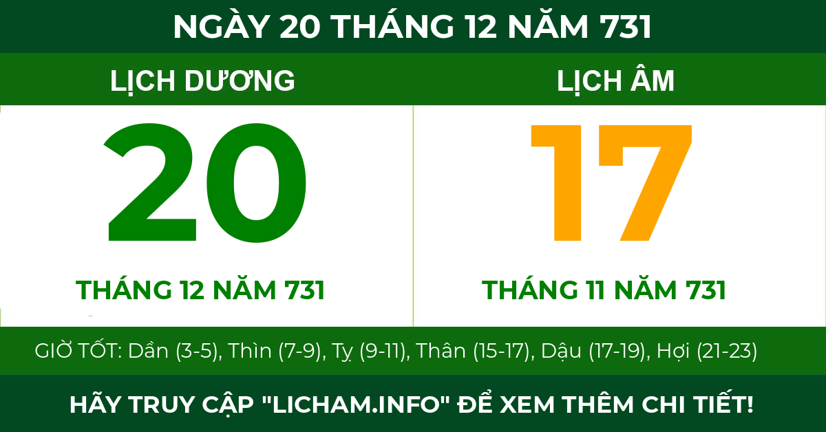 lịch âm ngày 20 tháng 12 năm 731