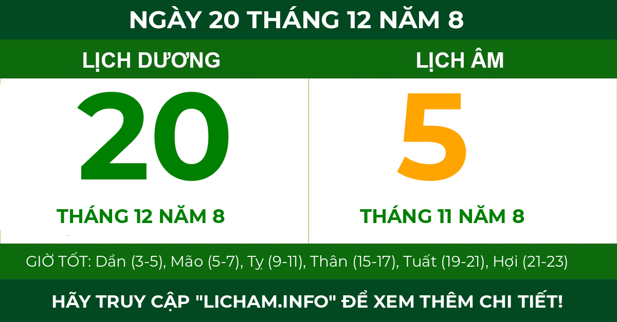 lịch âm ngày 20 tháng 12 năm 8