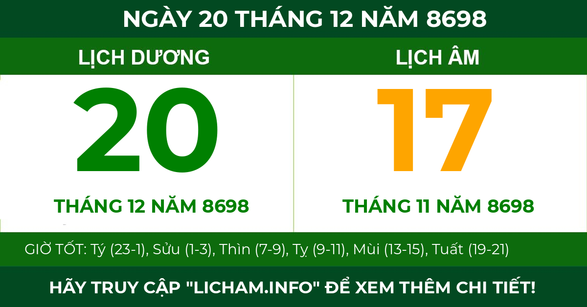 lịch âm ngày 20 tháng 12 năm 8698