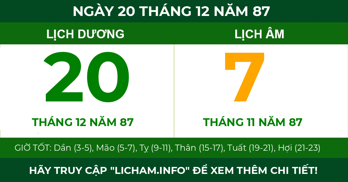 lịch âm ngày 20 tháng 12 năm 87