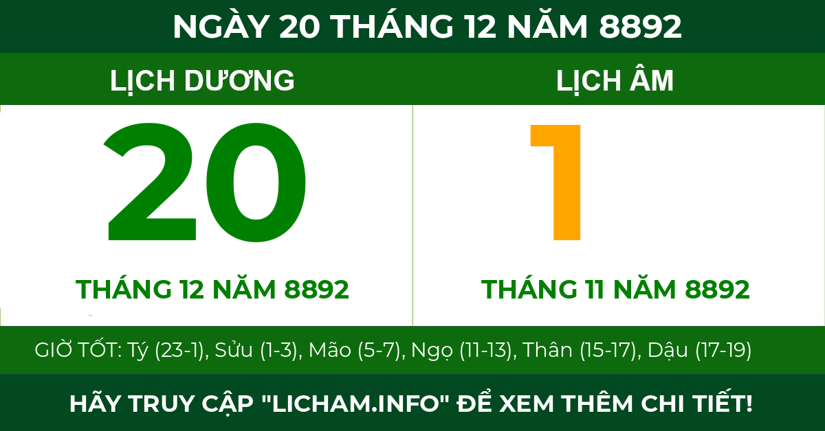 lịch âm ngày 20 tháng 12 năm 8892